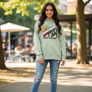 Official MTV Music Television Christmas Fleece  Hoodie Women’s XL Mint Green